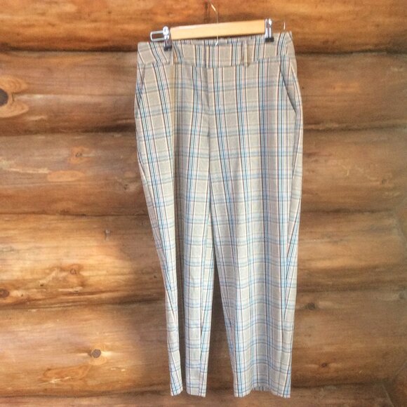A New Day Plaid Tan & Blue Flat Front Straight Leg Ankle Trousers Pants Size 4 - Picture 1 of 6